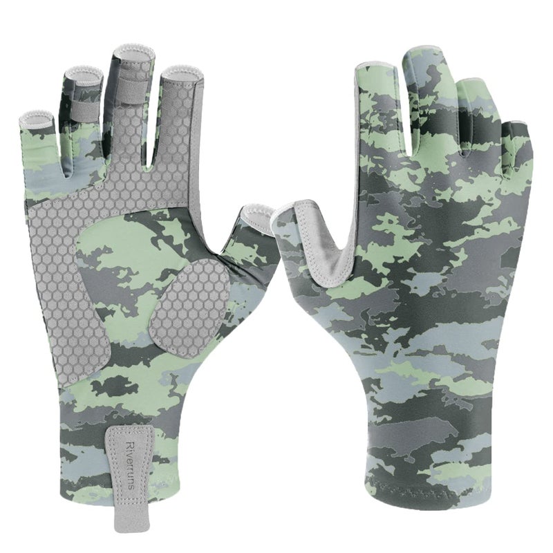 Riverruns UPF 50+ Fishing Gloves UV Protection Fingerless Sun Gloves Men Women for Outdoor, Kayaking, Rowing, Driving, Hunting(CamoGreenScilicone, M) - Image 1